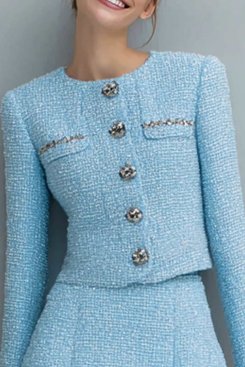 Load image into Gallery viewer, Light Blue 2 Piece Tweed Single Breasted Short Homecoming Outfits