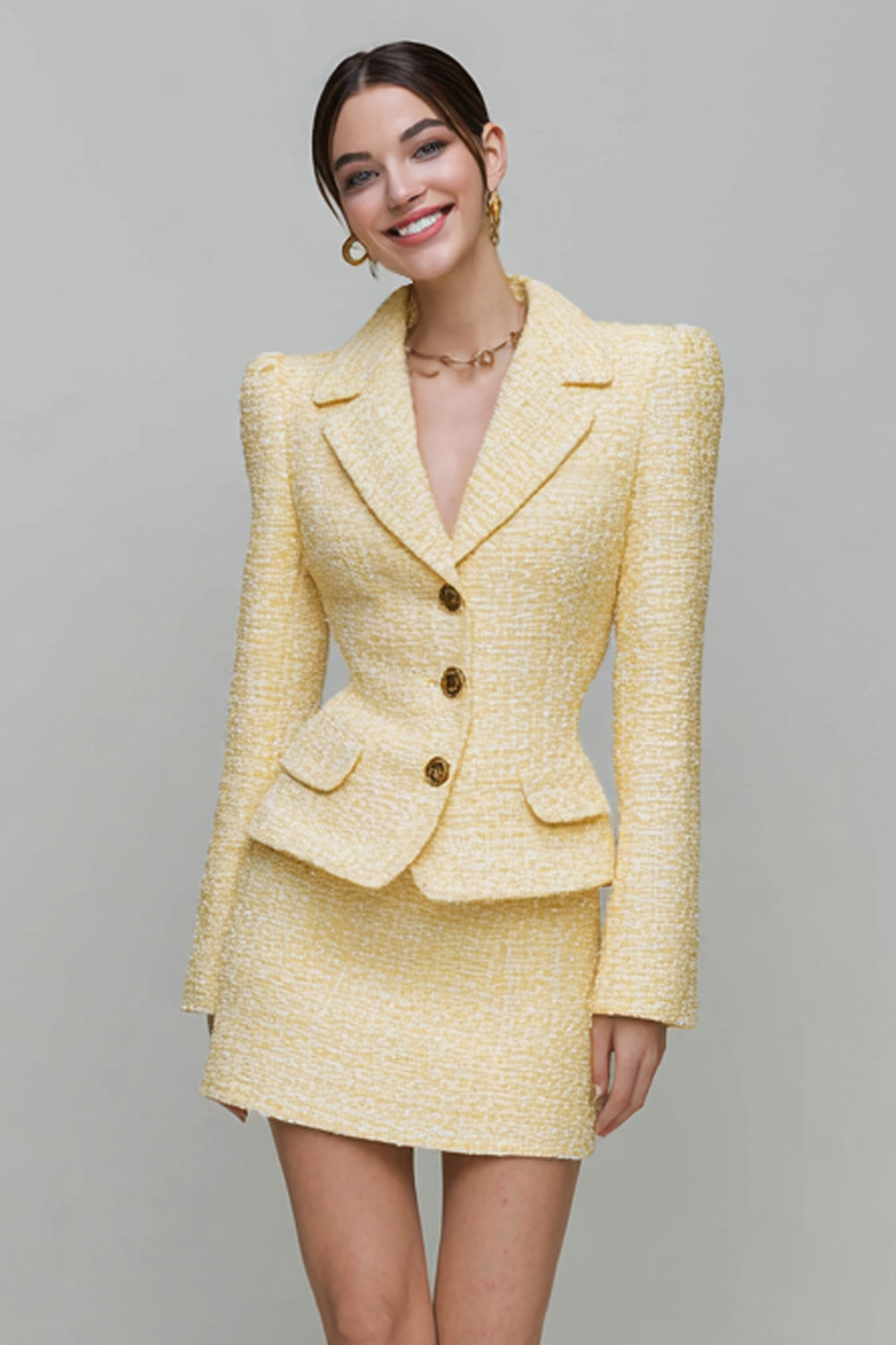 2 Piece Light Yellow Notched Lapel Tweed Short Homecoming Outfits