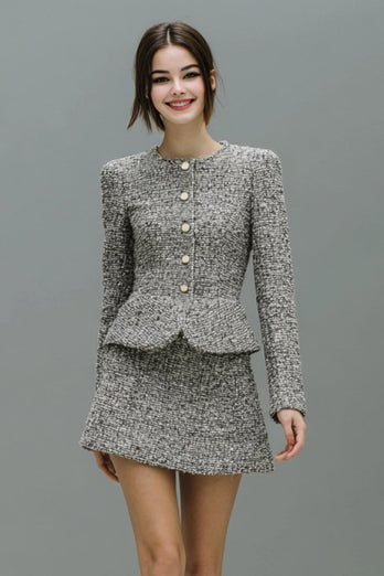 2 Piece Grey Tweed Long Sleeves Single Breasted Homecoming Outfits
