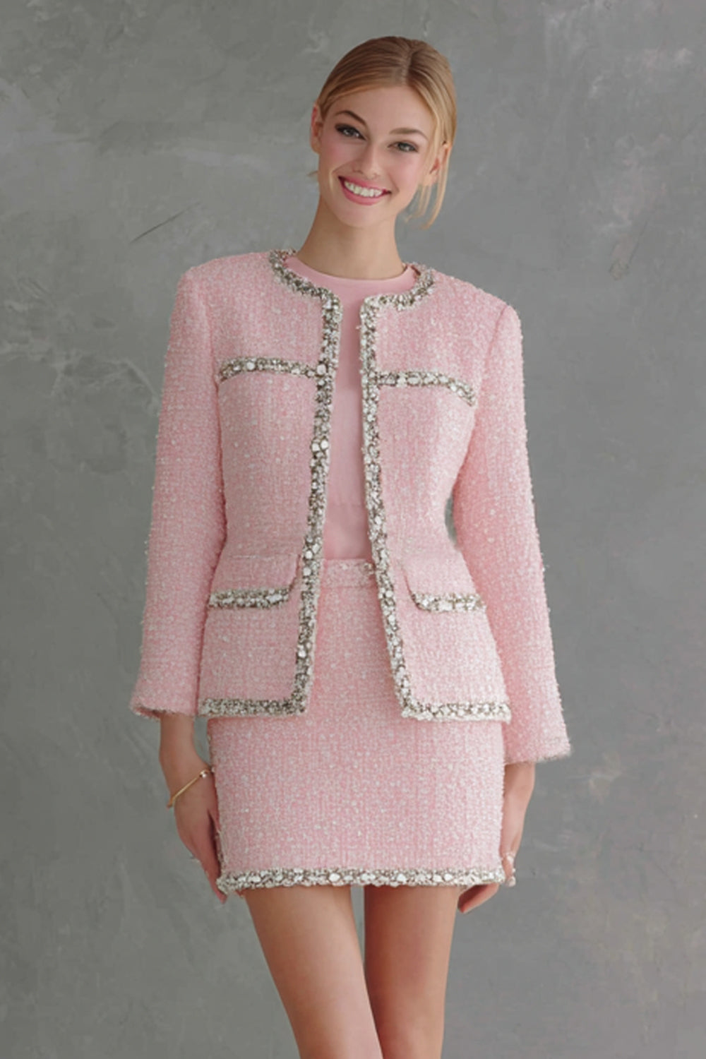 2 Piece Sparkly Pink Tweed Pencil Short Homecoming Outfits