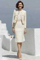 Load image into Gallery viewer, 2 Piece Ivory Tweed Pencil Single Breasted Midi Pageant Interview Outfits