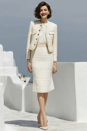 2 Piece Ivory Tweed Pencil Single Breasted Midi Pageant Interview Outfits