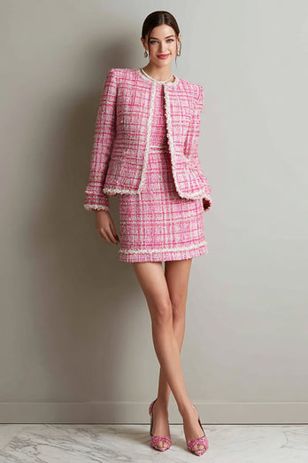 2 Piece Pink Tweed Pencil Round Neck Short Homecoming Outfits