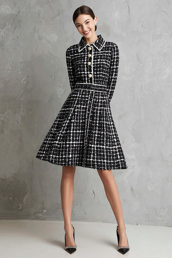 Black Tweed Collar Neck A Line Single Breasted Short Work Dress