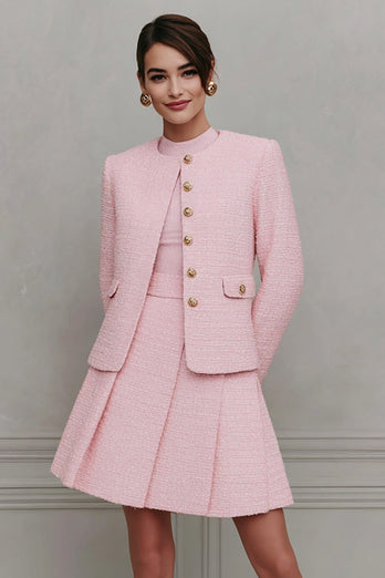 2 Piece Pink A Line Tweed Single Breasted Short Homecoming Outfits