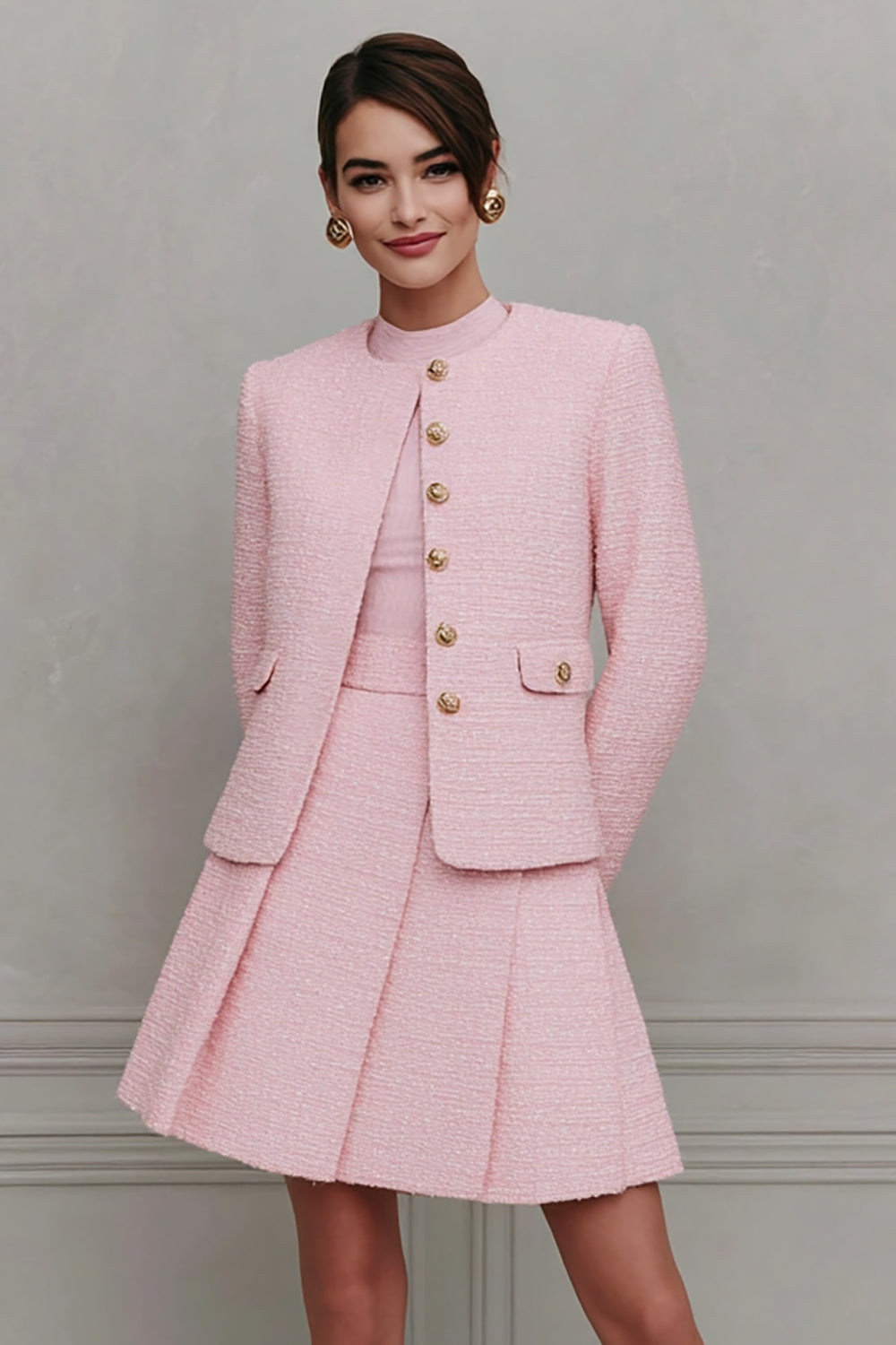 2 Piece Pink A Line Tweed Single Breasted Short Homecoming Outfits