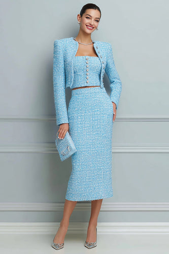 3 Piece Light Blue Tweed Pencil Midi Pageant Interview Outfits