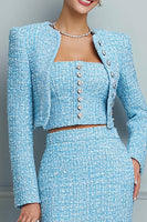 Load image into Gallery viewer, 3 Piece Light Blue Tweed Pencil Midi Pageant Interview Outfits