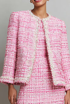 Pink Tweed Pencil Round Neck Long Sleeves Short Homecoming Outfits
