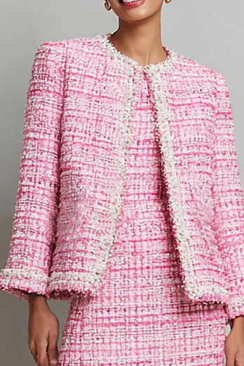 Pink Tweed Pencil Round Neck Long Sleeves Short Homecoming Outfits
