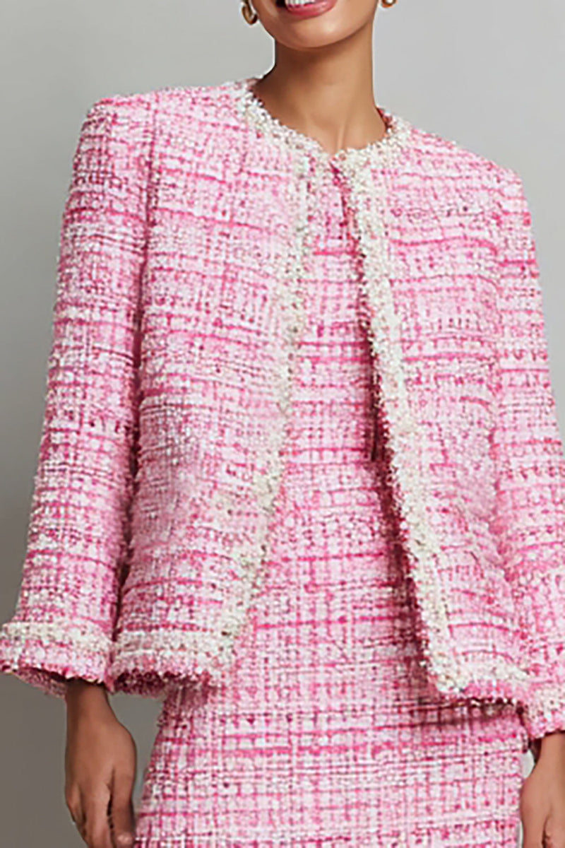 Load image into Gallery viewer, Pink Tweed Pencil Round Neck Long Sleeves Short Homecoming Outfits