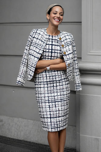 Mix Black Grid Pencil 2 Piece Tweed Midi Pageant Interview Outfits