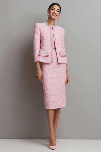 2 Piece Tweed Pink Round Neck Pencil Midi Pageant Interview Outfits
