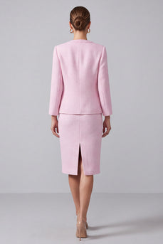 2 Piece Pink Tweed Round Neck Pencil Midi Pageant Interview Outfits
