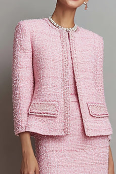 2 Piece Tweed Pink Round Neck Pencil Midi Pageant Interview Outfits