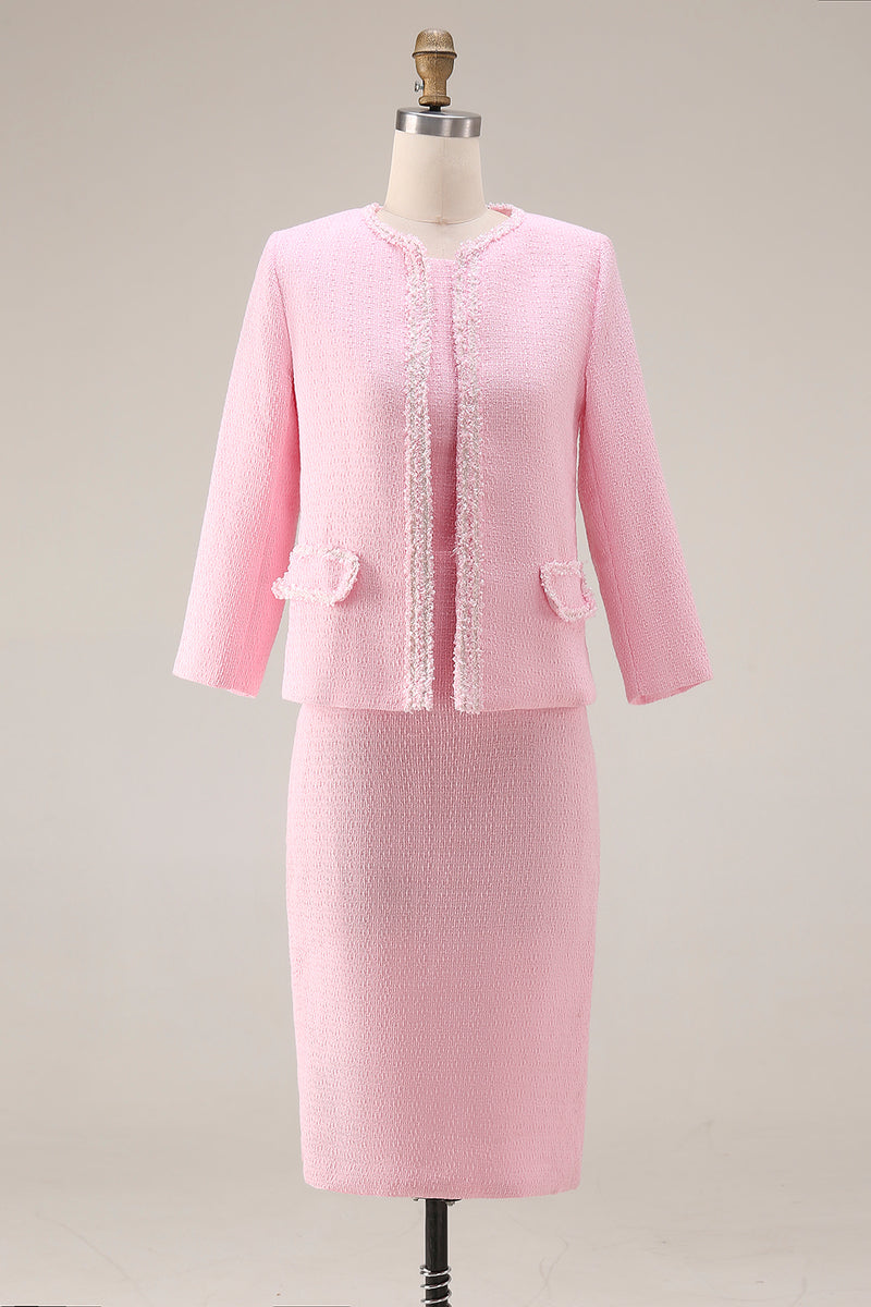 Load image into Gallery viewer, 2 Piece Pink Tweed Round Neck Pencil Midi Pageant Interview Outfits