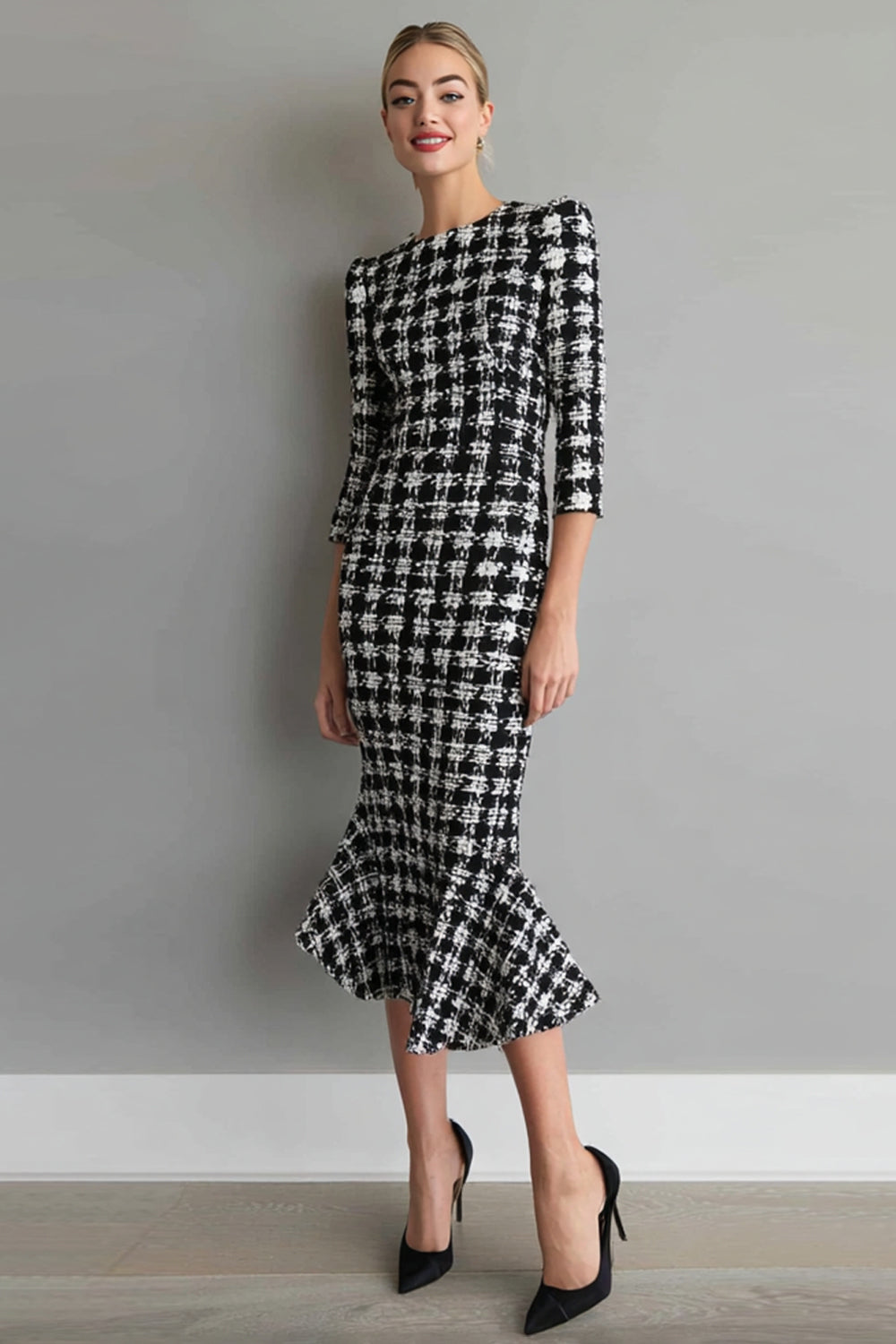 Mix Black Grid Tweed Mermaid Bateau Neck Midi Work Dress with Sleeves