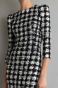 Mix Black Grid Tweed Mermaid Bateau Neck Midi Work Dress with Sleeves