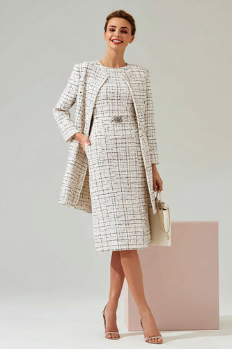Mix Black Grid Tweed Round Neck 2 Piece Midi Pageant Interview Outfits