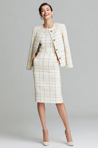 2 Piece Tweed Mix Black Grid Pencil Midi Pageant Interview Outfits with Pockets