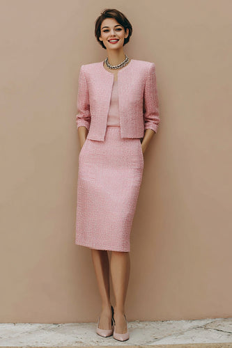 2 Piece Pink Pencil Tweed Midi Pageant Interview Outfits with Pockets