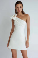 Load image into Gallery viewer, Ivory Satin A Line Ruched One Shoulder Short Graduation Dress with Bow