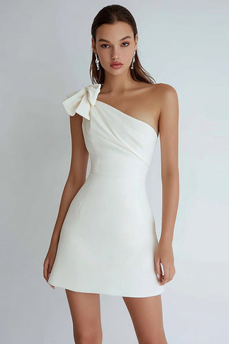 Ivory Satin A Line Ruched One Shoulder Short Graduation Dress with Bow