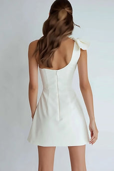 Ivory Satin A Line Ruched One Shoulder Short Graduation Dress with Bow