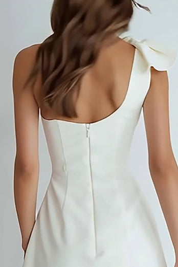 Ivory Satin A Line Ruched One Shoulder Short Graduation Dress with Bow