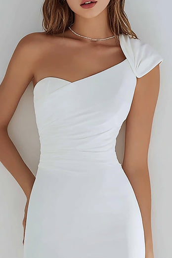 Simple Ivory Satin Tight One Shoulder Short Graduation Dress