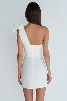 Ivory Tight One Shoulder Ruched Satin Short Graduation Dress with Bow