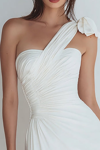Ivory Tight One Shoulder Ruched Satin Short Graduation Dress with Bow