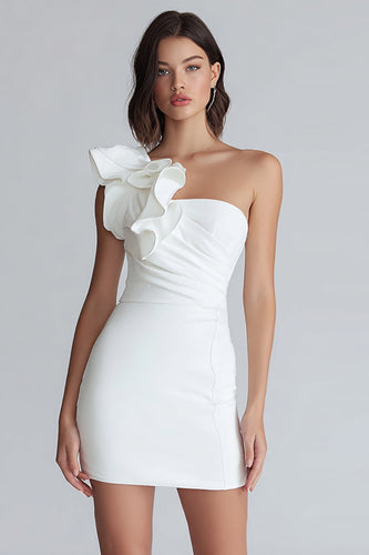 Ivory Satin One Shoulder Tight Short Graduation Dress