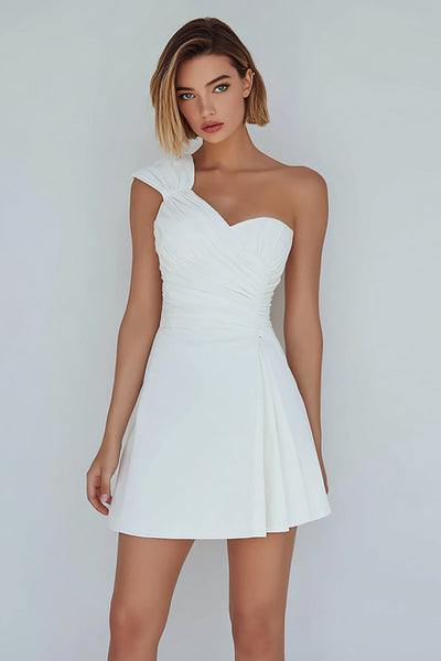Ivory  A-Line Ruched One Shoulder Satin Short Graduation Dress