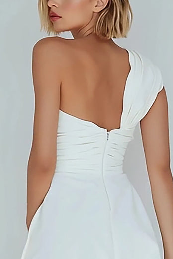 Ivory  A-Line Ruched One Shoulder Satin Short Graduation Dress