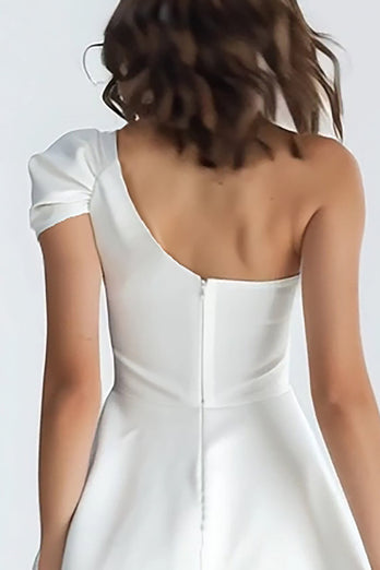 Simple Ivory A-Line One Shoulder Satin Short Graduation Dress