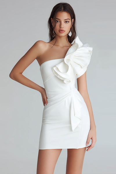 Ivory One Shoulder Satin Tight Short Graduation Dress with Ruffles