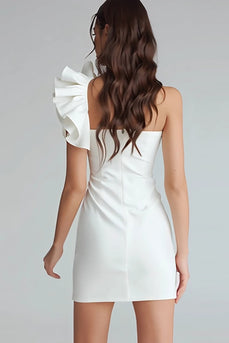 Ivory One Shoulder Satin Tight Short Graduation Dress with Ruffles