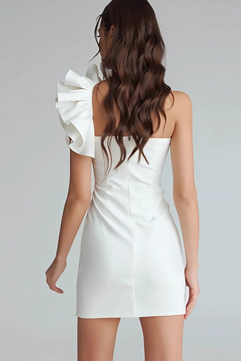 Ivory One Shoulder Satin Tight Short Graduation Dress with Ruffles