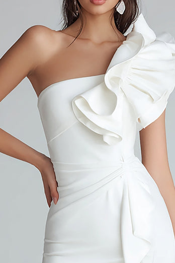 Ivory One Shoulder Satin Tight Short Graduation Dress with Ruffles