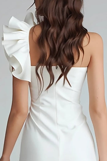 Ivory One Shoulder Satin Tight Short Graduation Dress with Ruffles