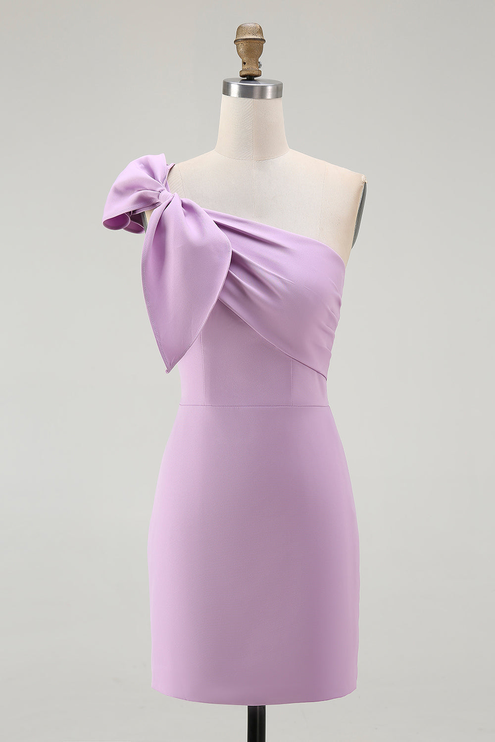 Lilac One Shoulder Satin Ruffled Tight Short Graduation Dress with Bow