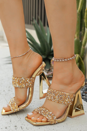 Sparkly Golden Double Strap Chunky Heel Sandals with Beading