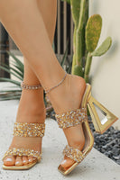 Load image into Gallery viewer, Sparkly Golden Double Strap Chunky Heel Sandals with Beading