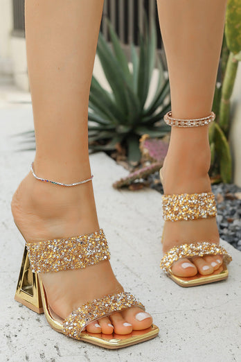 Sparkly Golden Double Strap Chunky Heel Sandals with Beading