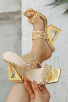Load image into Gallery viewer, Sparkly Golden Double Strap Chunky Heel Sandals with Beading