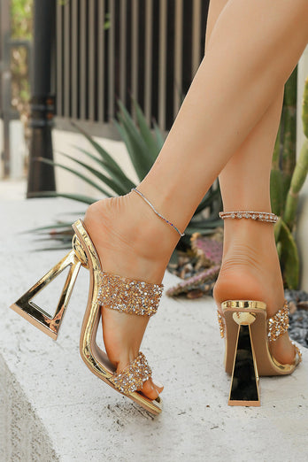 Sparkly Golden Double Strap Chunky Heel Sandals with Beading