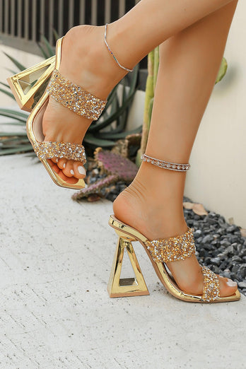 Sparkly Golden Double Strap Chunky Heel Sandals with Beading