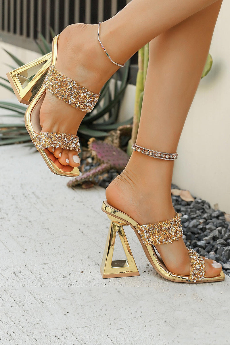 Load image into Gallery viewer, Sparkly Golden Double Strap Chunky Heel Sandals with Beading