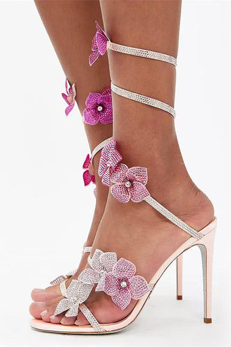 Glitter Floral Pink Beaded Wrap Up Strappy Gladiator High Heeled Sandals